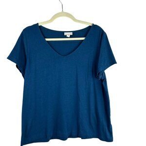 J Jill V Neck T Shirt Women Large Blue Teal Short Sleeves Cotton Modal Blend